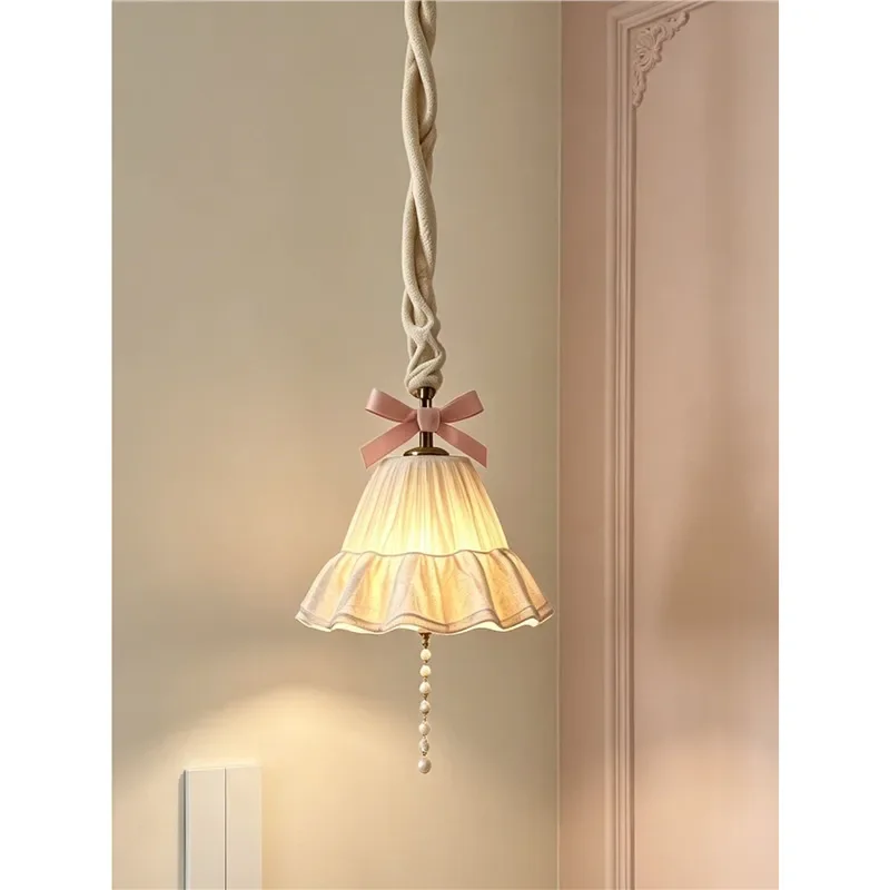French Style Bow Chandelier Creative Lotus Leaf Edge Design Heart Shape Pendant Light for Bedroom Bedside Decor Small Ceiling