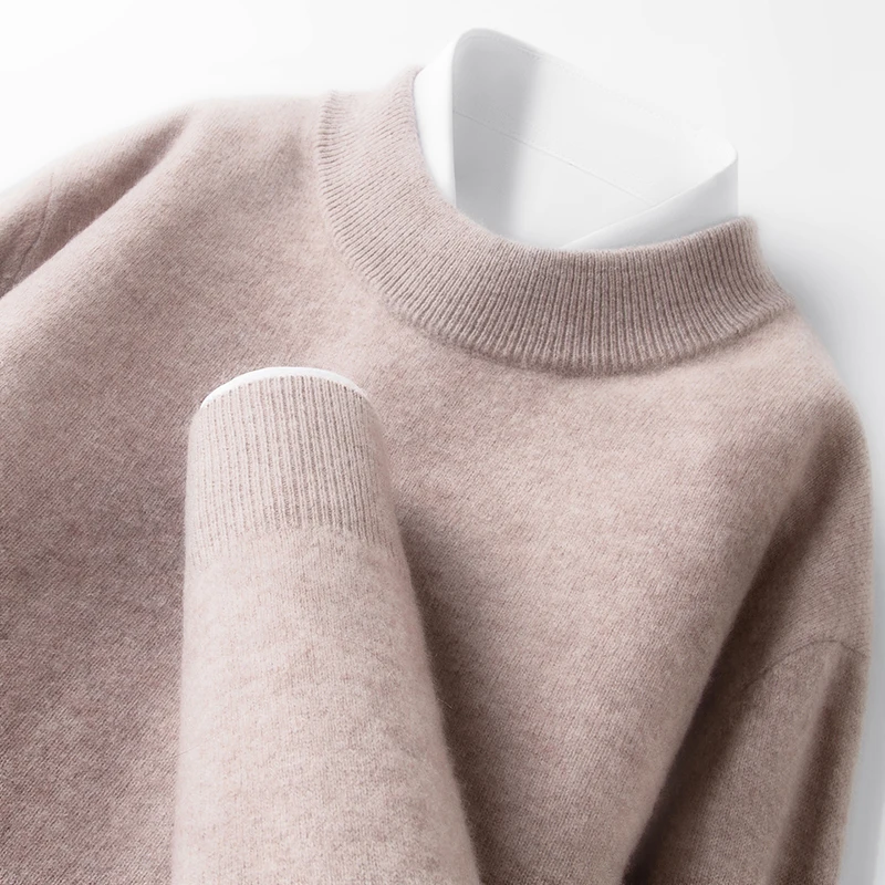 Autumn Winter Men 100% Pure Wool Mock Neck Sweater Soft Skin-Friendly Knitted Pullover Casual Warm Mens Jumper