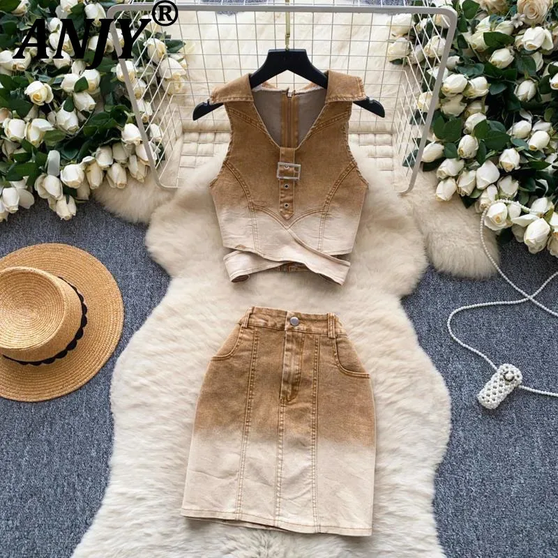

ANJY Summer New Women's Chic Hollow Out Cross Waist Cinching Turn-down Collar Denim Top Gradient Short Skirt Two-piece Set A8109