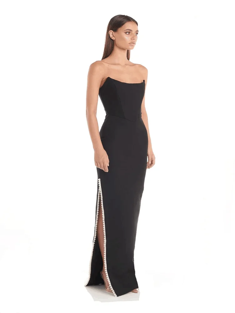 New Ladies Pearl Beading Strapless Backless Design Fashion Celebrity Cocktail Party Black Sleeveless Sexy Long Maxi Dress Women