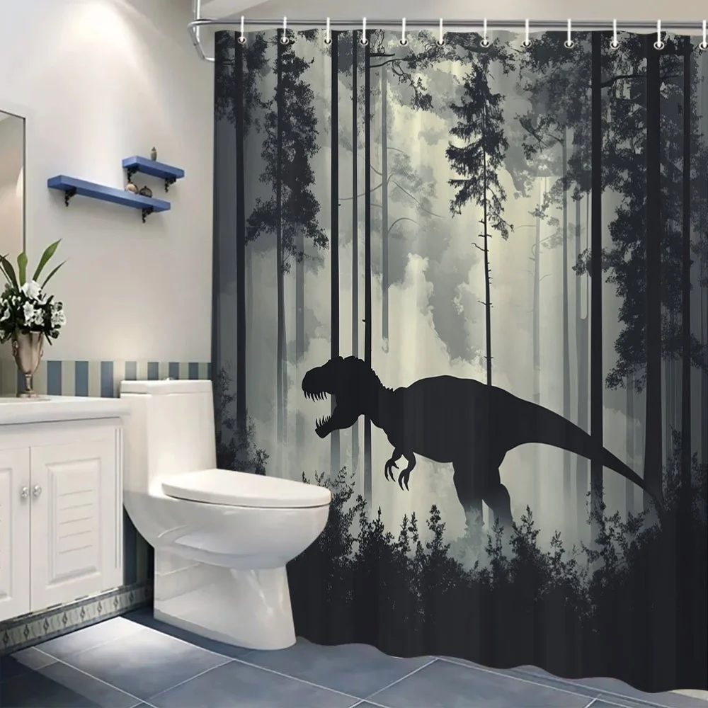 1pc Horror T-Rex Dinosaur Shower Curtain in Misty Forest - Realistic Jurassic Design with 12 Hooks, 70x70 Inches, Dark Trees and