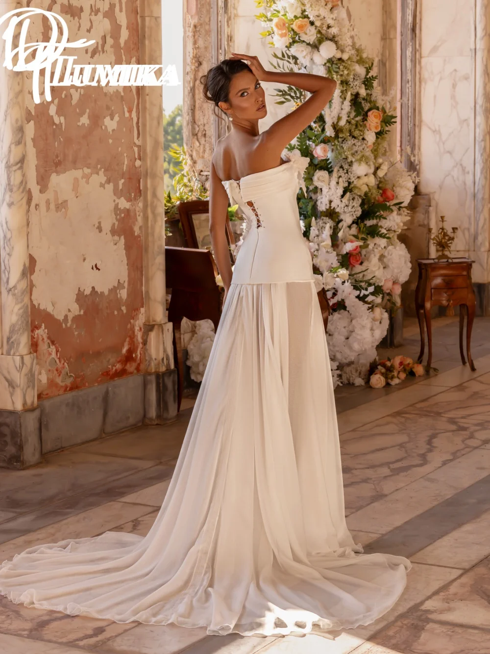 فستان زفاف فاخر من الساتان بكتف واحد 2026 فستان زفاف رومانسي ثلاثي الأبعاد على شكل زهرة حالمة على شكل حرف a بطول الأرض رداء De M #3