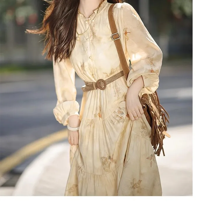 Francês elegante gola babados impresso manga longa chiffon em camadas vestido de linha a para mulher drapey flowy versátil vestido de deslocamento