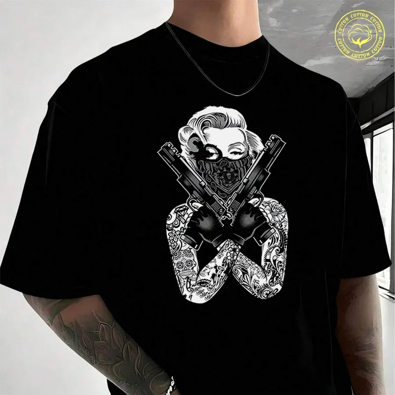 

Gangster Marilyn Guns Bandanna Tattoos 2nd Amendment Men's T Shirt Moto Casual High Quality Cotton O-Neck Short Sleeved T-shirt