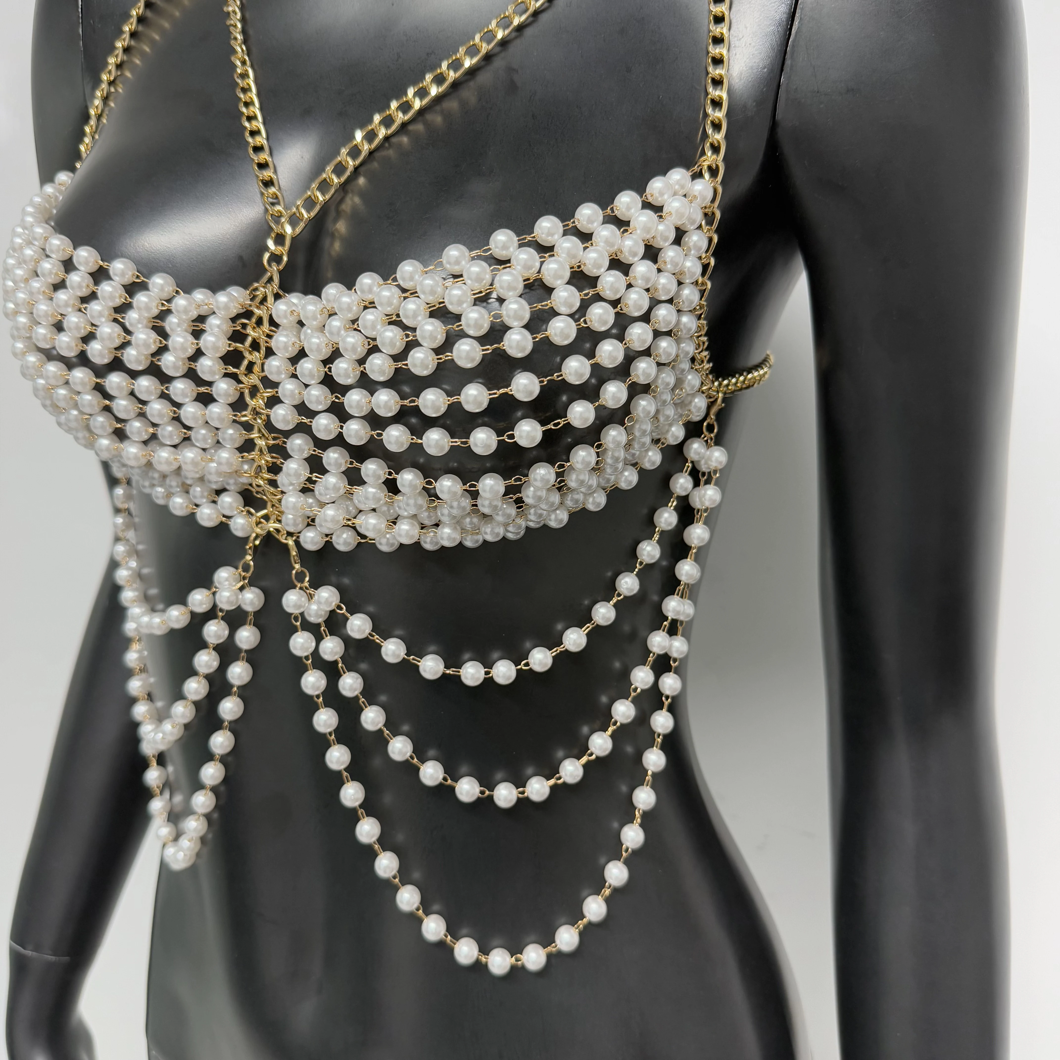 Women Pearl Tassel Chain Tank Top Sexy Backless Hollow See Through Halter Neck Crop Tops Rave Music Festival Camisole