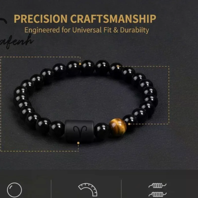 1PcsThis Men's Aries Zodiac Bracelet Features Natural Black Agate And Tiger's Eye Stones. Incorporating Zodiac Elements