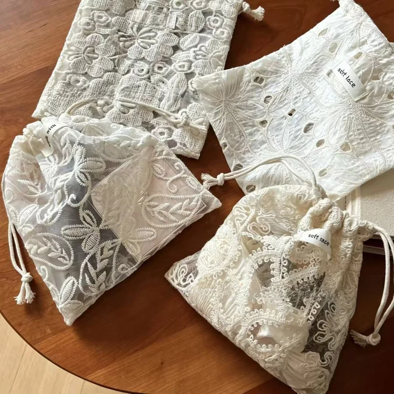French Retro Cream White Lace Embroidery Drawstring Pouch Polyester Hollow Small Bag For Jewelry Cosmetic Storage Organizer