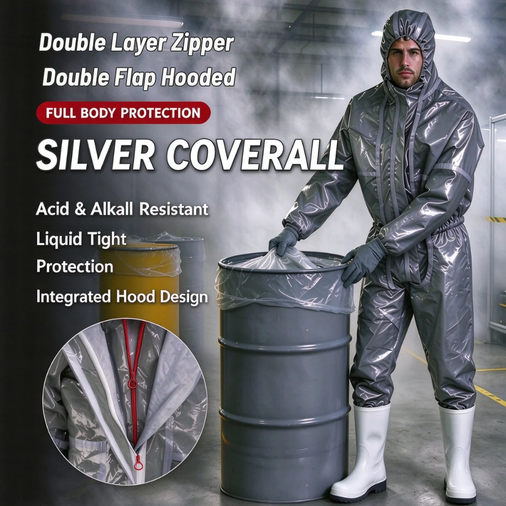 Level 3 Silver-Gray Hooded Chemical Protective Suit Acid And Alkali Resistant Corrosion-Proof for Protection in Biochemical Lab