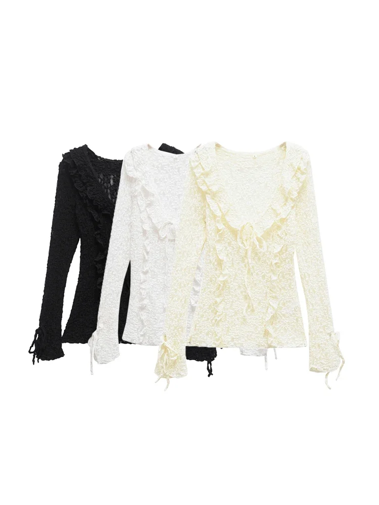 

GELITAYIN Women Fashion With Adjustable Tie Lace Ruffles Blouses V Neck Long Sleeve Female Shirts Chic Tops