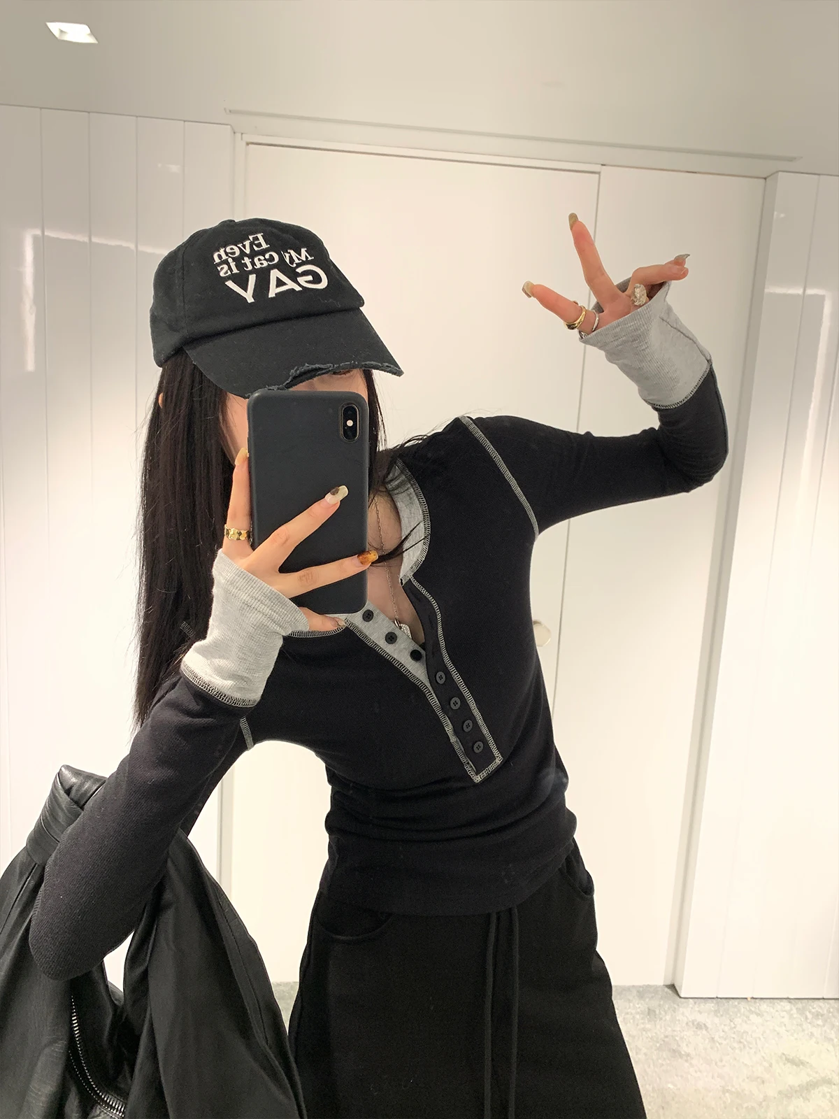 Contrast Color T-shirts Women Gray Long Sleeve Slim Cropped Tops Korean Stylish Spring Simple Casual Chic Ulzzang Instagram BF