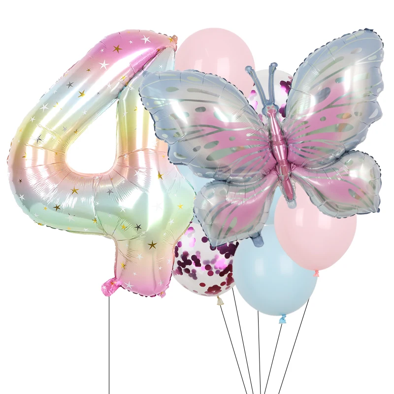 9Pcs Butterfly Balloon Birthday Decorations Set 38Inch Aluminum Foil Number Purple Butterfly Balloons for Birthday Party Decor