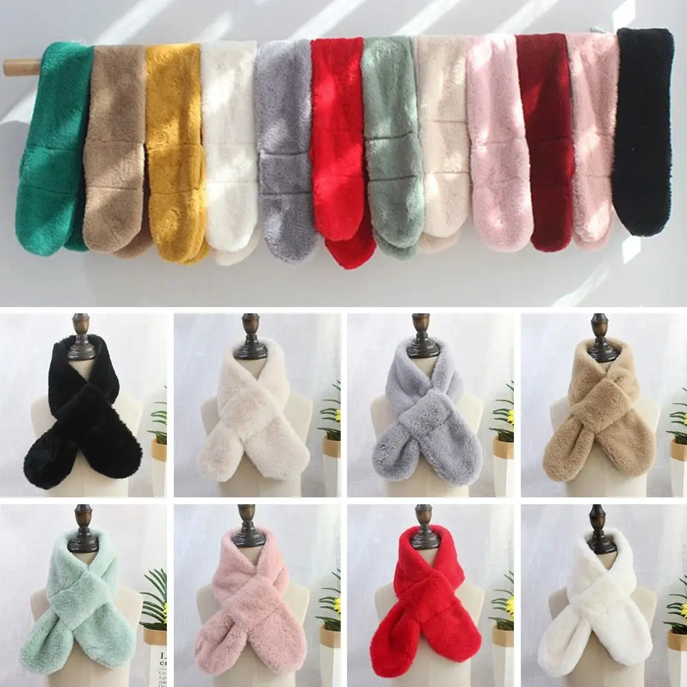 

Faux Rabbit Fur Plush Cross Scarf Cute Solid Color Thicken Neckerchief Wrap Neck Warmer Boys