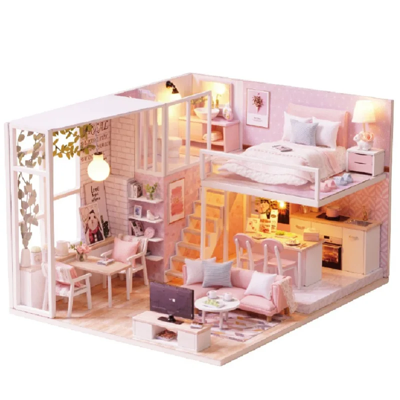 

Diy Doll House Miniature with Furnitures Wooden House with Dust Cover Miniatures Toys for Children New Year