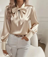 Women's Satin Solid Color Bow Tie Neck Long Sleeve Dressy Elegant Tie Neck Blouse Shirt Tops, Casual Office Work Blouse Tops - Image 4