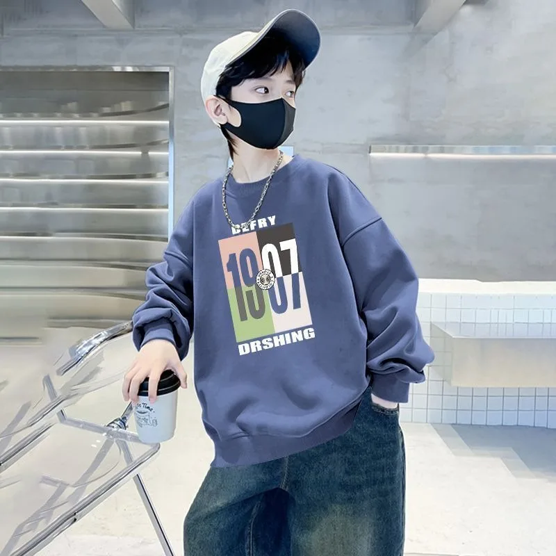 

2025 New Arrival Boys' Crewneck Sweatshirt Autumn Winter Fleece-Lined Big & Mid Size Kids Korean Style Versatile Trendy Top