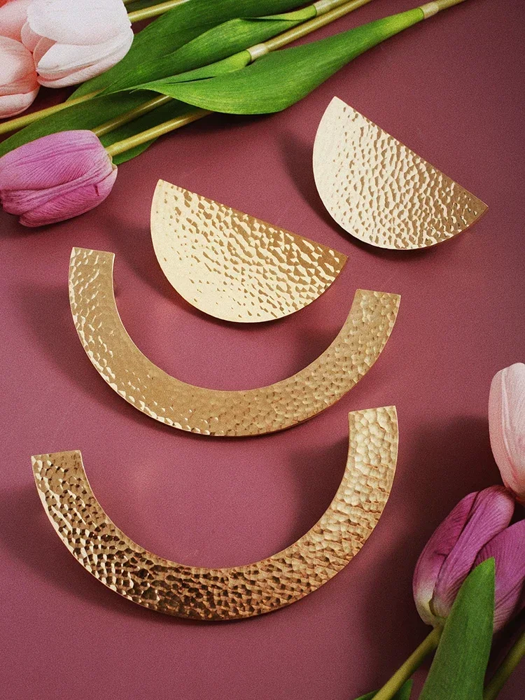 Handmade Hammer Pattern Brass Cabinet Door Handles Light Luxury Wardrobe Simple Golden Half Round Handles for Furniture
