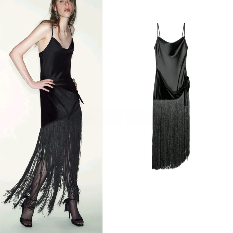 겨울 신상 여성용 롱 실크 새틴 가운 태슬 스플라이싱 슬림핏 A라인 드레스 프렌치 스타일 노슬리브