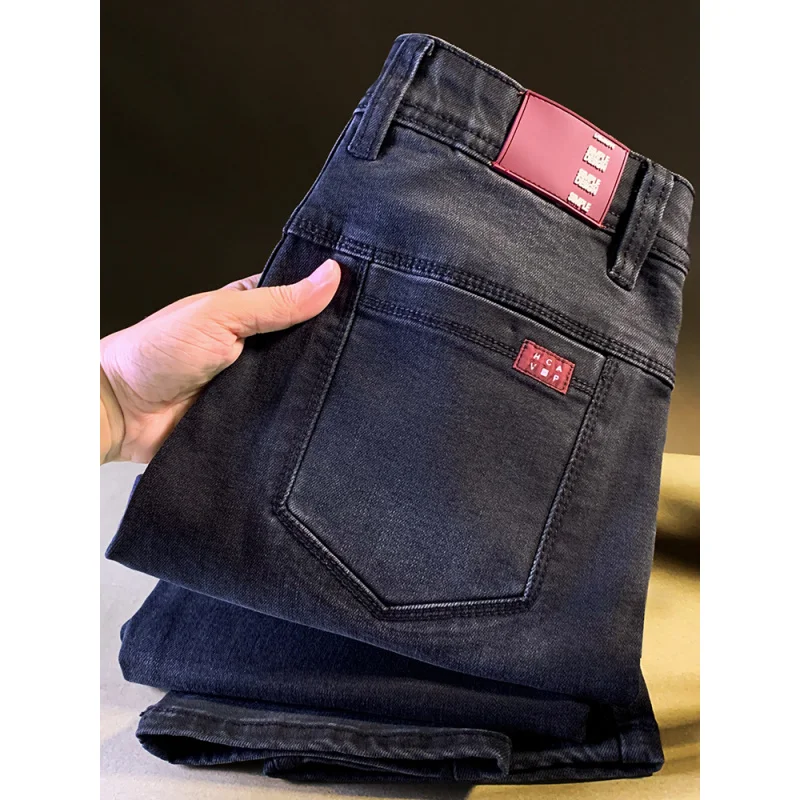 جينز رجالي باللون الأسود والرمادي للخريف عالي الجودة مغسول بأرجل مستقيمة غير رسمية النسخة الكورية سراويل مرنة صغيرة مستقيمة الساق