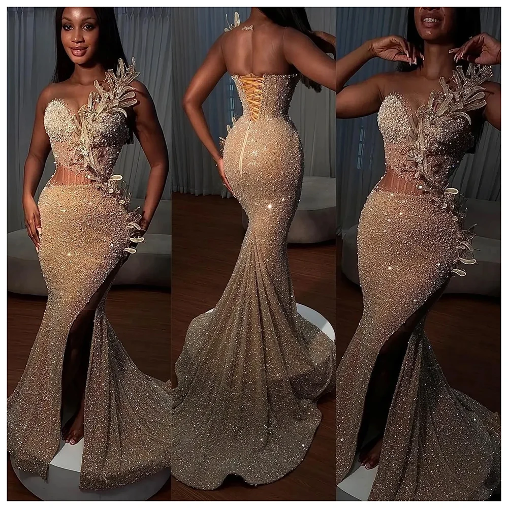 Spark Sequined Beading O-Neck Evening Dresses Sleeveless Side Split Chapel Train Mermaid Special Occasion Elegant Female Dress