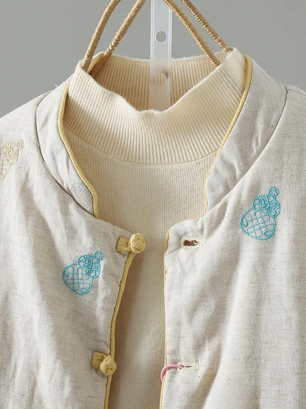 Loose Chinese Sle Cotton Jaet Women's Faionable Embroidered Gourd Patterned Outerwear Long Sve Regular Fit Coat