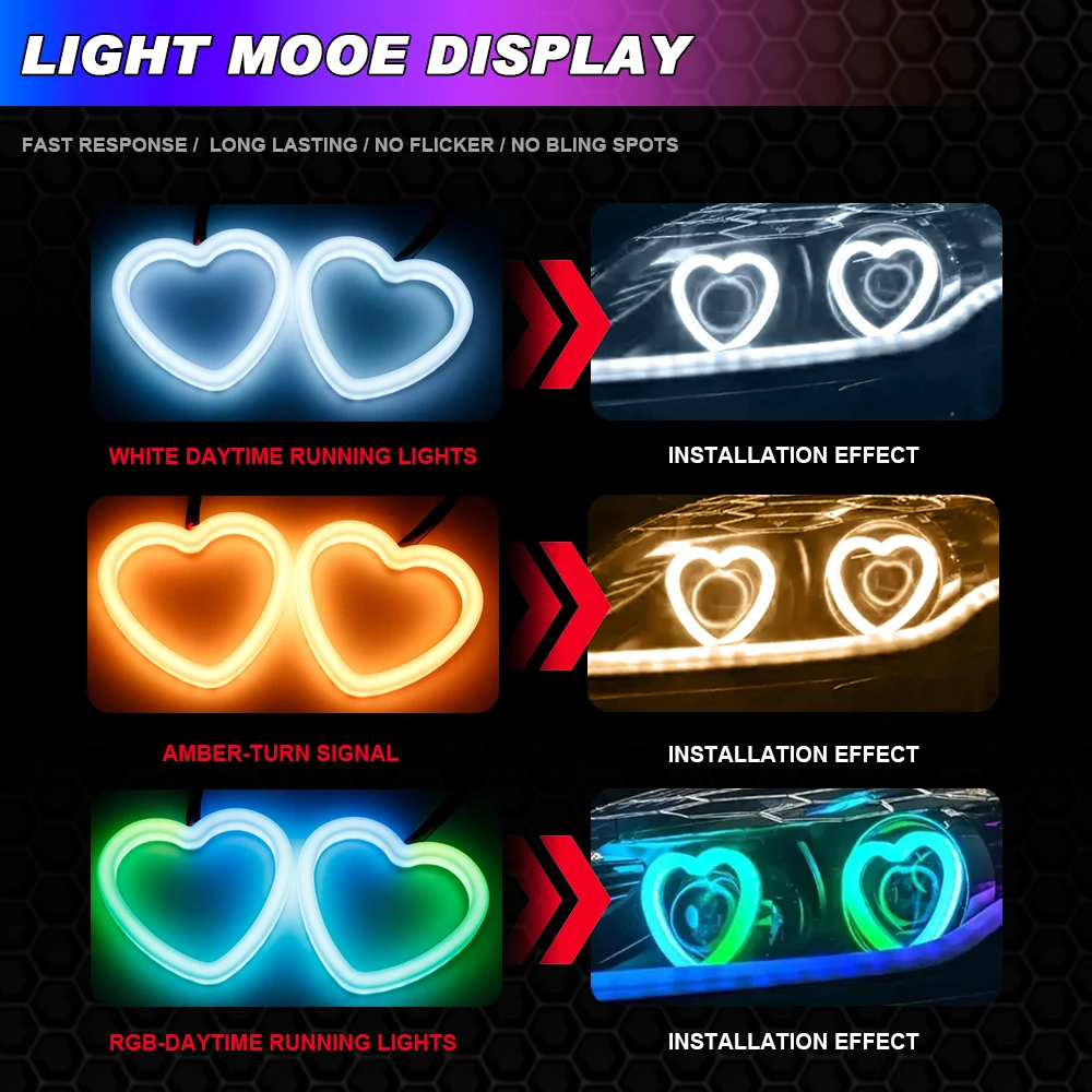 1set Car Angel Eyes RGB Cotton Halo Rings Led Headlight DRL Motorcycle Moto Angel Eye Heart Shaped with Amber Turning Light 12V