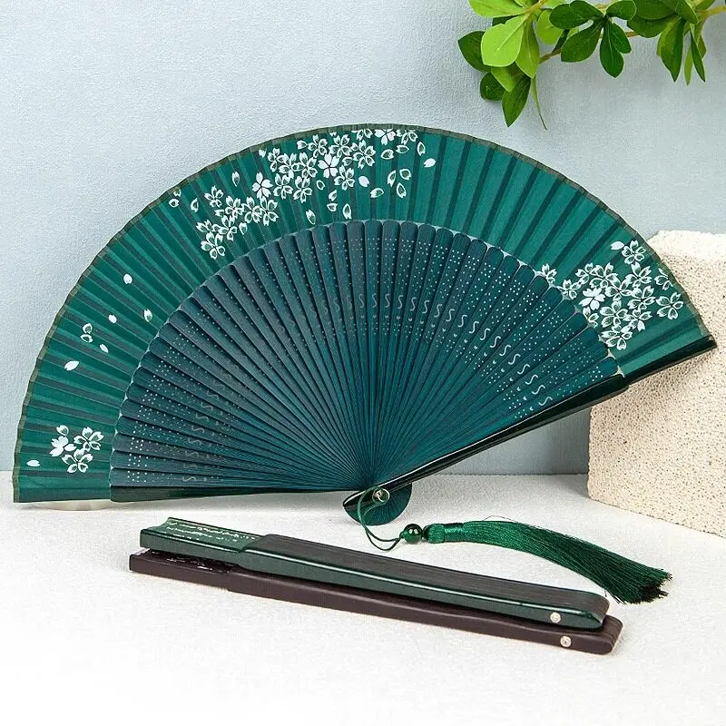 Bamboo Folding Fan with Large Tassel Portable Summer Cooling Daily Fan for Women Cheongsam Dance