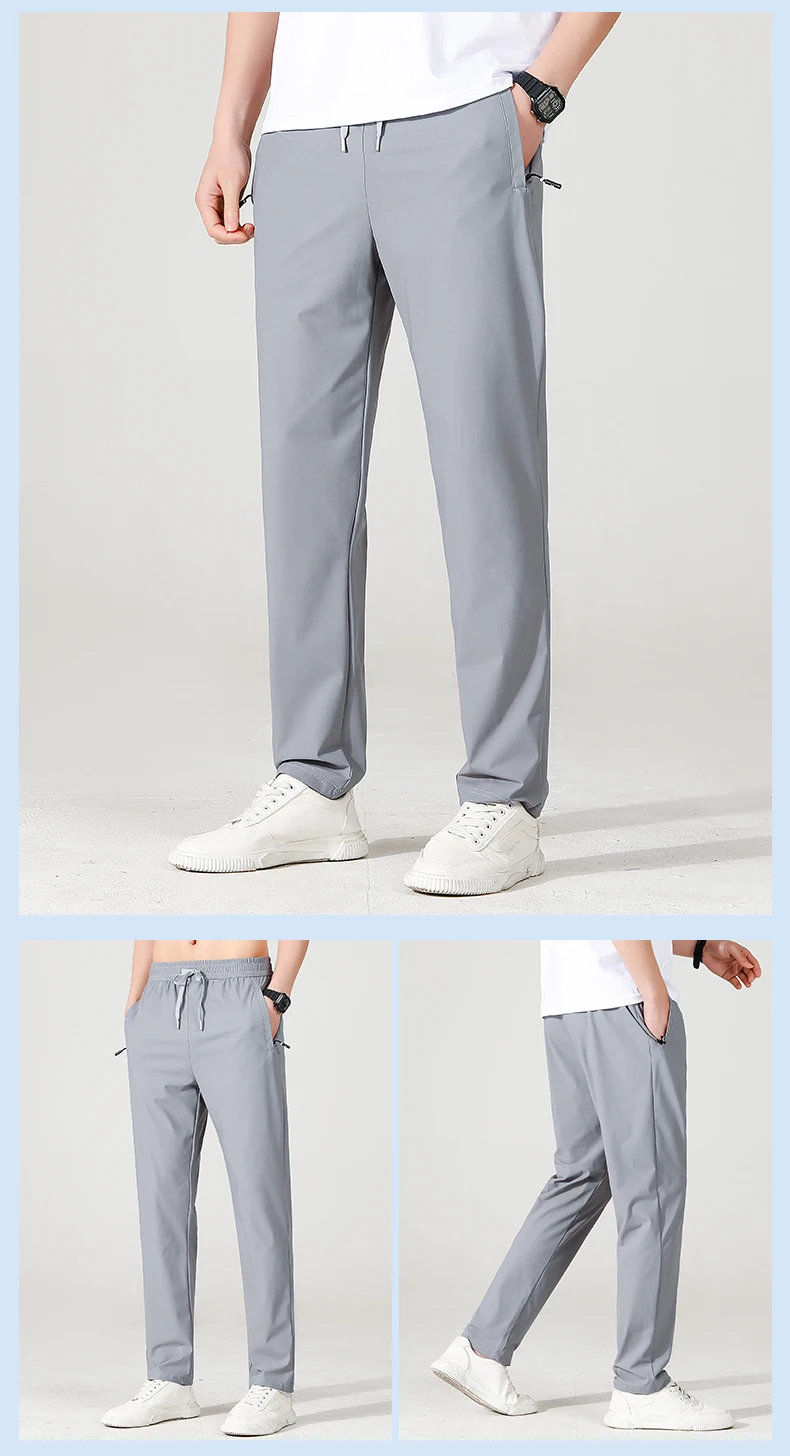 Herrenhose aus Eisseide, Sommer 2024, Schwarz-Grau, dünner Stil, Business-Casual-Hose, Outdoor, Stretch, atmungsaktiv, gerades Bein, locker geschnitten – Detail 15