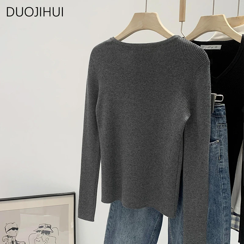 DUOJIHUI Grey Basic Long Sleeve Chicly V-neck Slim Female Pullovers Autumn New Simple Solid Color Fashion Casual Women Pullovers