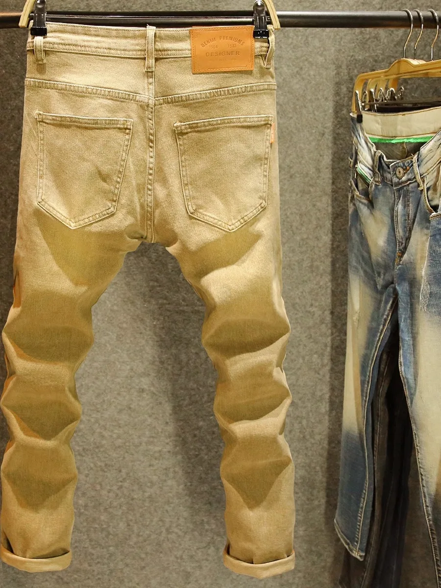 

Повседневные мужские джинсы цвета хаки, новинка лета 20%, узкие брюки Харлан, длинные брюки с вышитым принтом, молодежные модные износостойкие