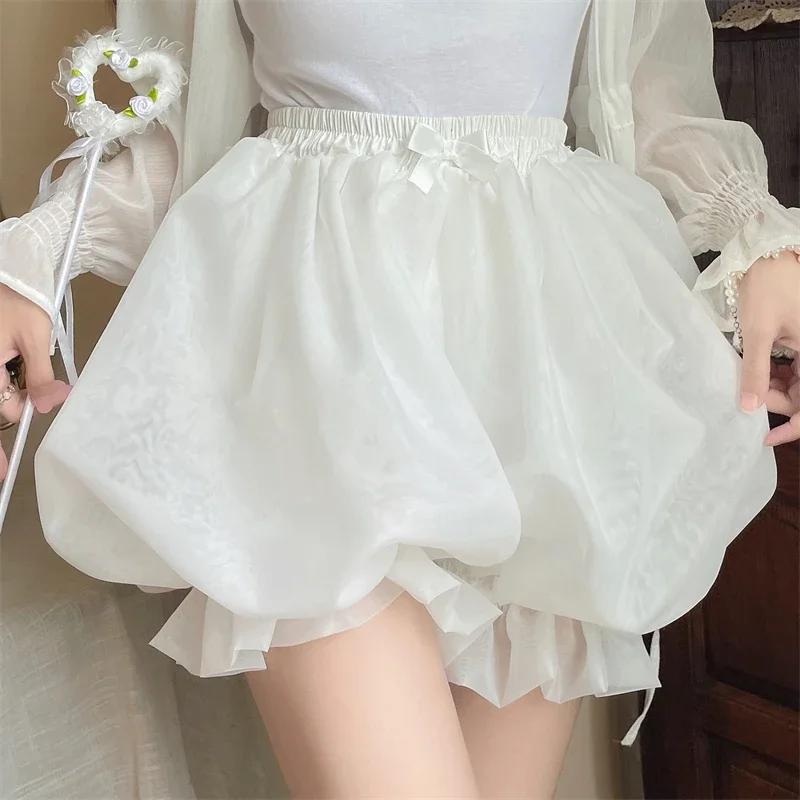 Kawaii น่ารัก Lolita ความปลอดภัยสั้นกางเกงผู้หญิงหวานญี่ปุ่น Fluffy Jk Bloomers Harajuku สีทึบ Ruffles กางเกงขาสั้นฟักทอง