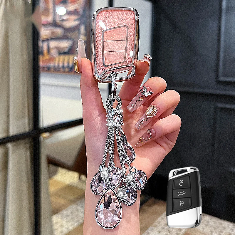 

Pink Diamond for Volkswagen VW Magotan Passat B8 Skoda A7 Smart Remote Car Key Case Cover Holder Fob Keychain Accessories