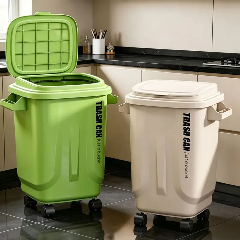 Plastic Waste Bins With Wheels Lidded Trash Cans 2 Colors Portable Large Capacity For Kitchen Bathroom Office Household Cleaning