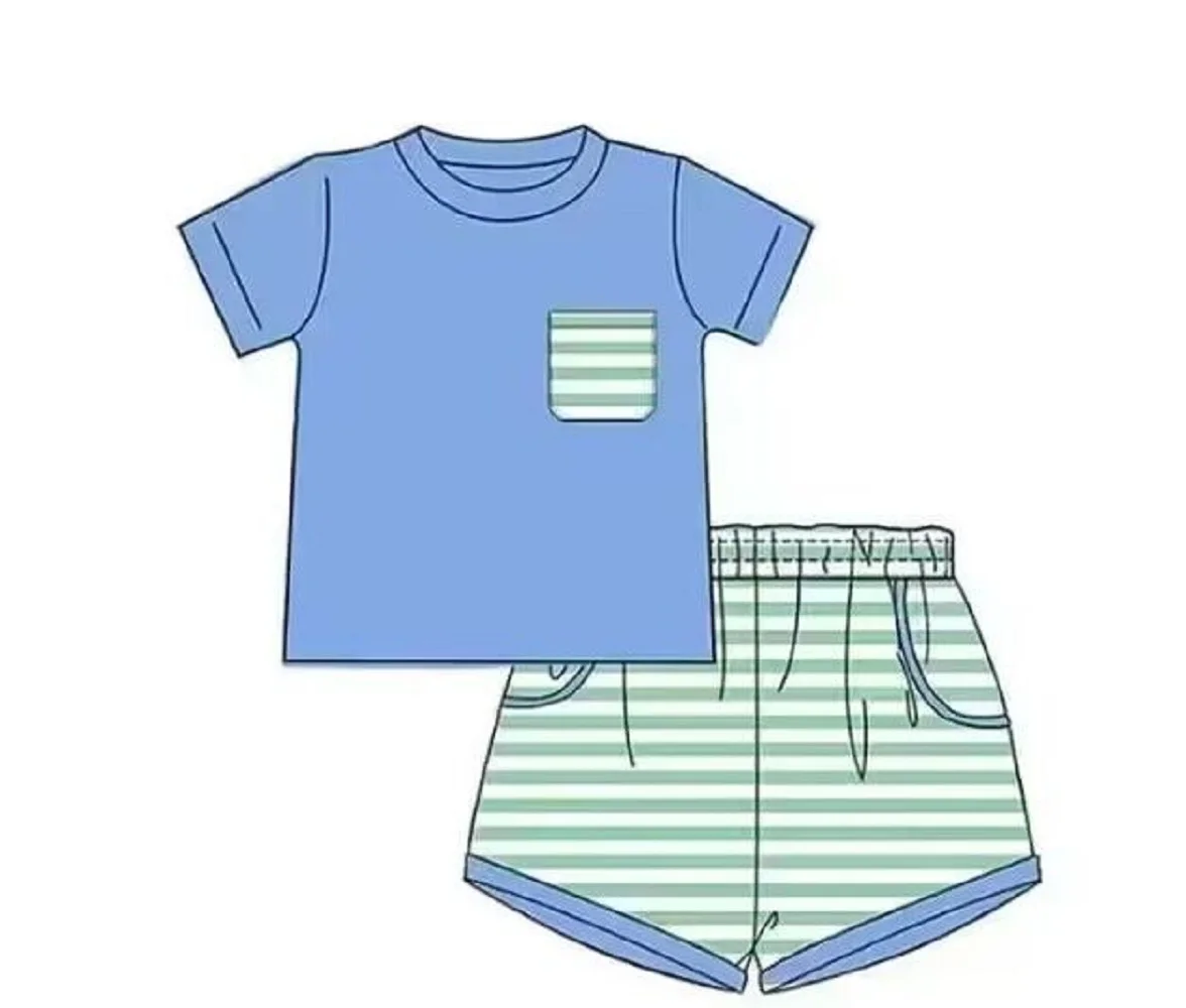 Wholesale and Retail Boys Summer Blue Short Sleeve Pocket Decorated Green Shorts Boutique Set