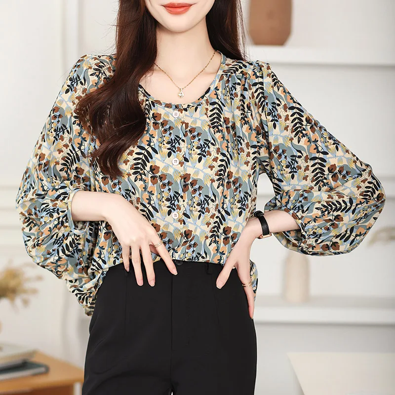 Women Clothing Chic O-neck Long Sleeve Chiffon Shirt Spring Summer Fashion Elegant Floral Printing Blouses Casual Loose Y2k Tops