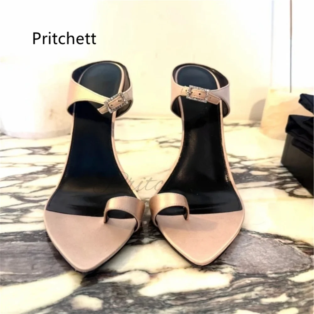 Champagne Satin Pointed Toe Slippers Women Clip Toe Ring Rhinestone Buckle Ankle Strap Stiletto Sandals Wedding Party Shoes