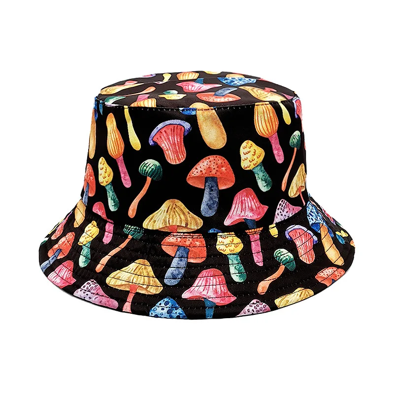 Summer Colorful Mushroom Pattern Bucket Hat American Casual Personality Foldable Outdoor Shading Double-sided Basin Caps Unisex