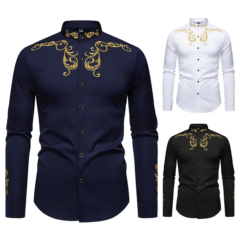 Palace Style Floral Embroidery Designer Clothes Man Dress Shirts High Quality Long Sleeve Men Party Henry Collar Formal Shirts
