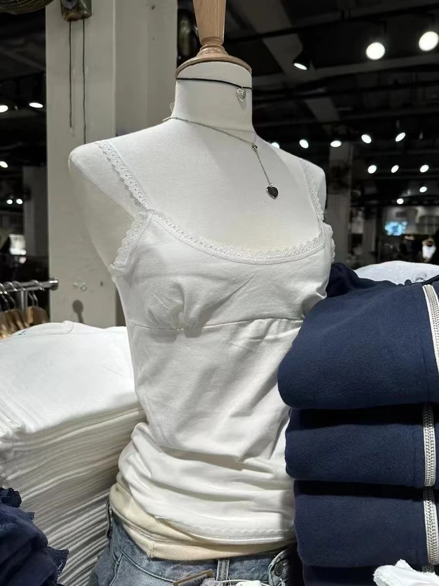 Lace Trim White Slim Tank Tops Women Casual Summer Cotton Sleeveless High Waist Camisole Sweet Girls Vintage Solid Crop Top Y2k