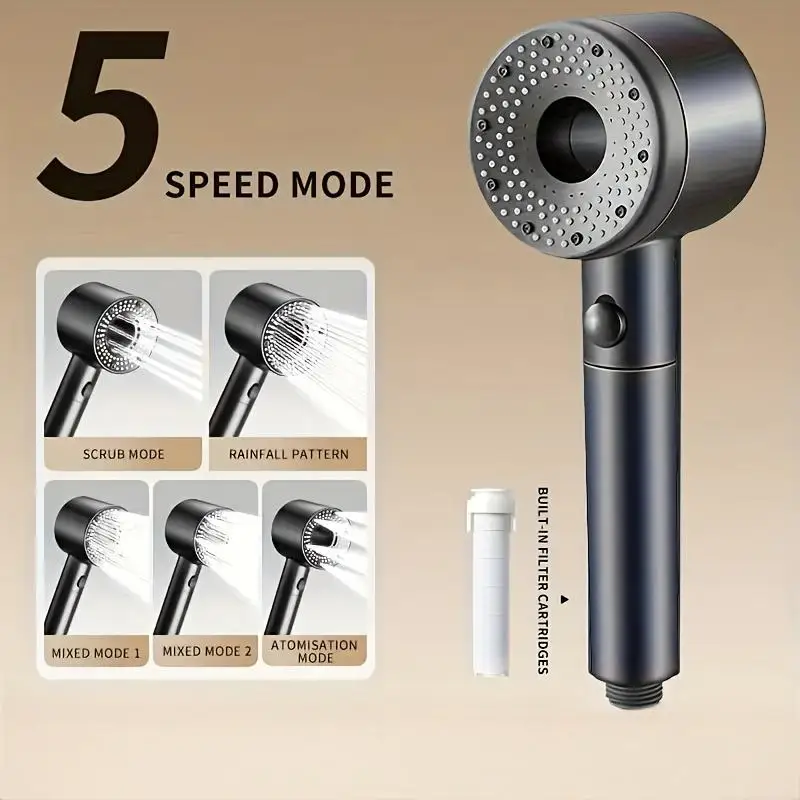 5 Modes Large Flow Shower Head Adjustable One Key Stop Bathroom High-pressure Water-saving Shower Mixer Nozzle Shower Nozzle Set