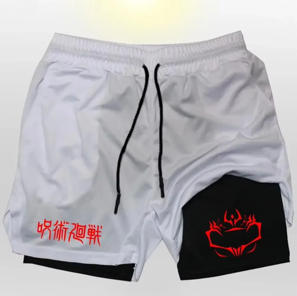 

Мужские компрессионные шорты Jujutsu Kaisen для фитнеса и бега, двухслойные 2-в-1, с защитой от раздражения, аниме-дизайн