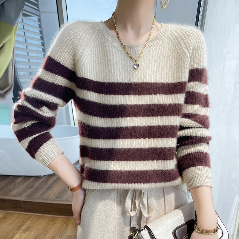 Striped Round Neck Sweater Female 100% Pure Wool Thick Long Sleeve Sweater Knitted Wool Bottoming Shirt Inside