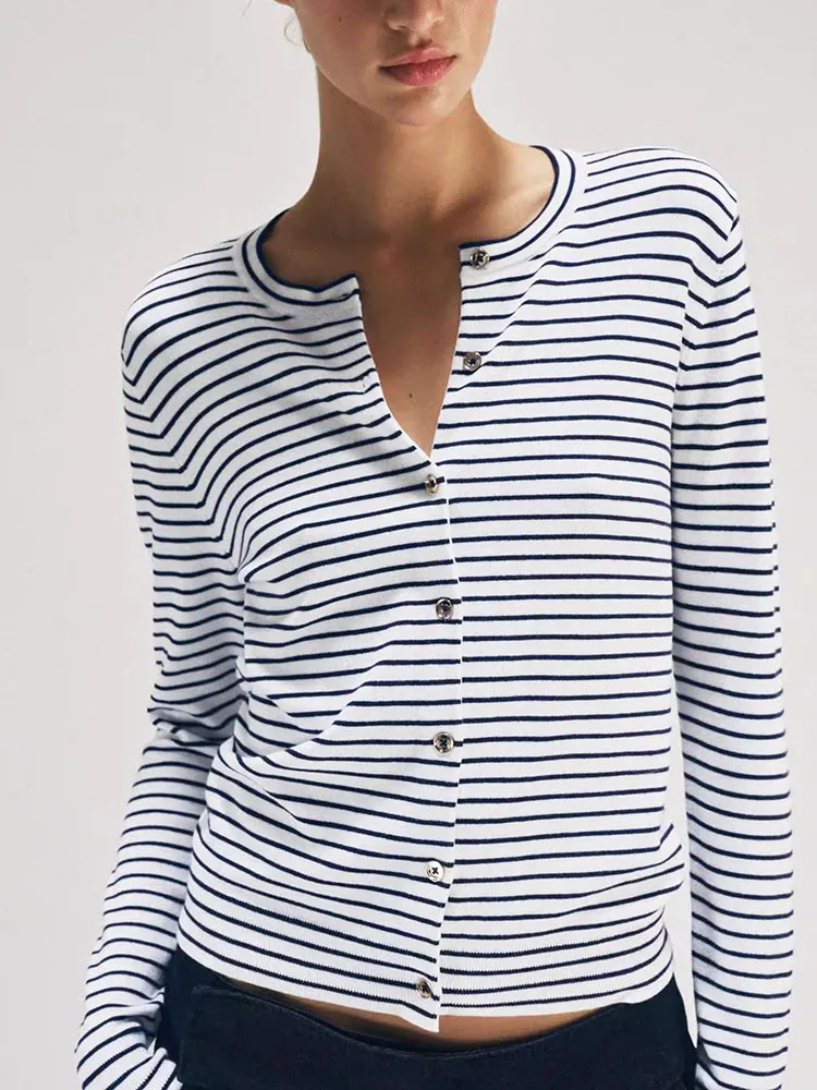 Spring 2026 New Casual Striped Knitted Jacket Women's Short Outerwear Long Sleeve round Neck Button Closure Other Material 100%