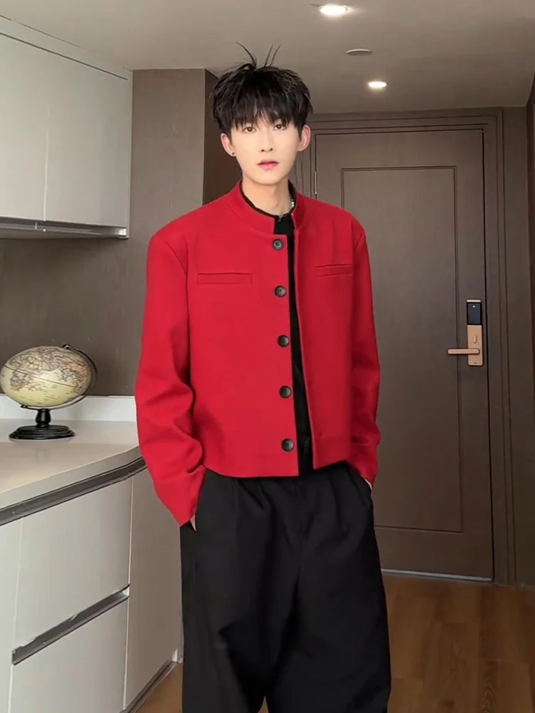 

Red oulder Pad Stand Collar ort Suit Jaet Men's New Chinese Sle High Sensation Haome ort Coat omsmen Engagement