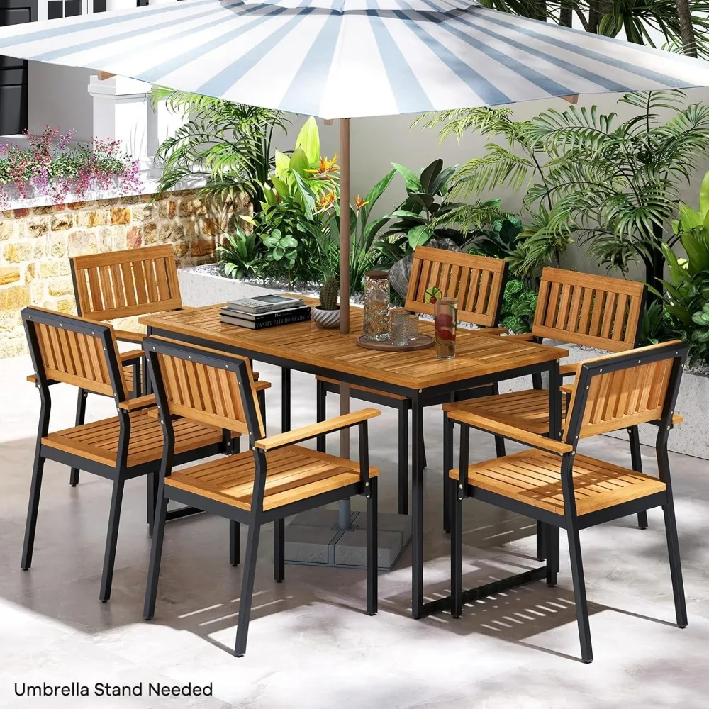 

7 Piece Outdoor Dining Set for 6, Acacia Wood Rectangular Dining Table & 6 Armchairs w/Metal Frame, Umbrella Hole, Farmhouse Di