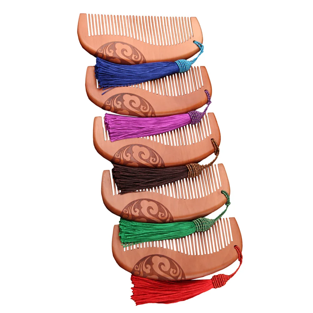 

5Pcs Premium Carved Auspicious Clouds Peach Wood Comb Smooth Handle Anti Static Hair Detangler Ideal Gift for Women Wood Comb