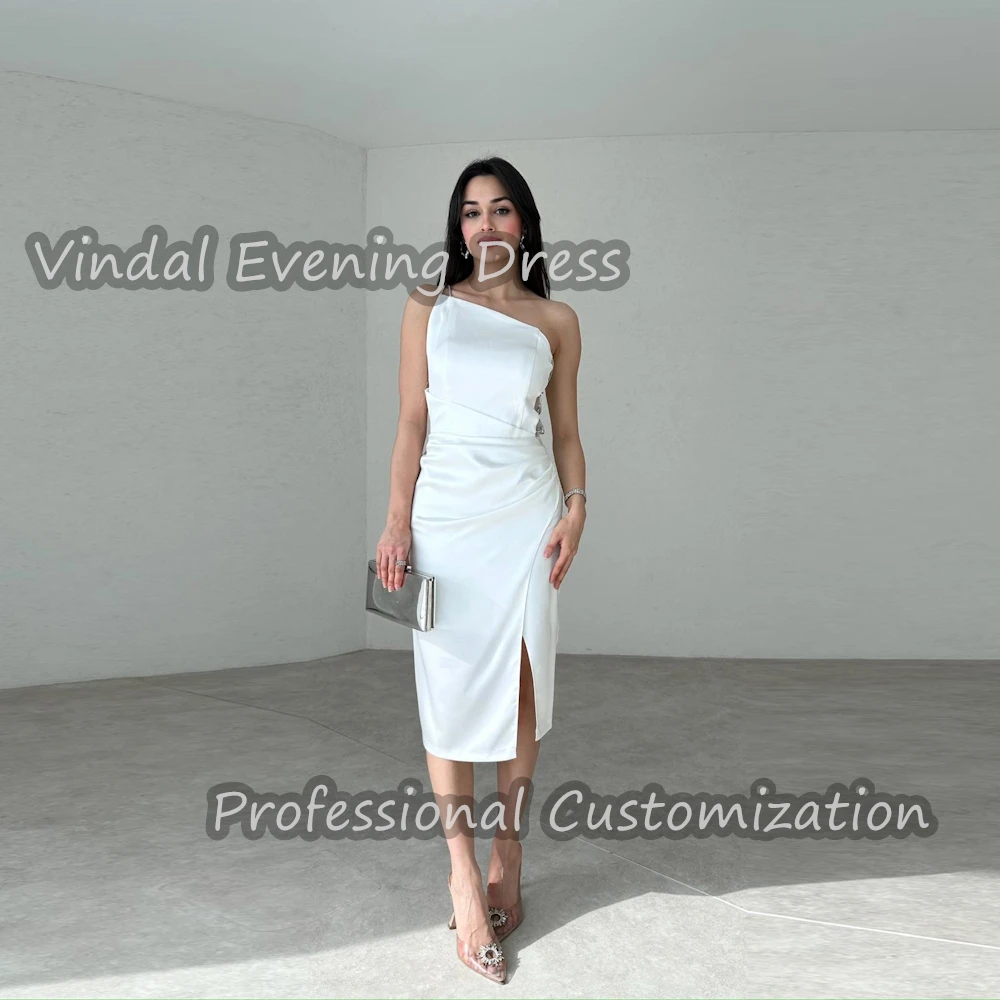 

Vindal Prom Party Dress One Shoulder Knee Length luxurious Satin Ruffle Straight Elegant Sleeveless Saudi Arabia For Woman 2024