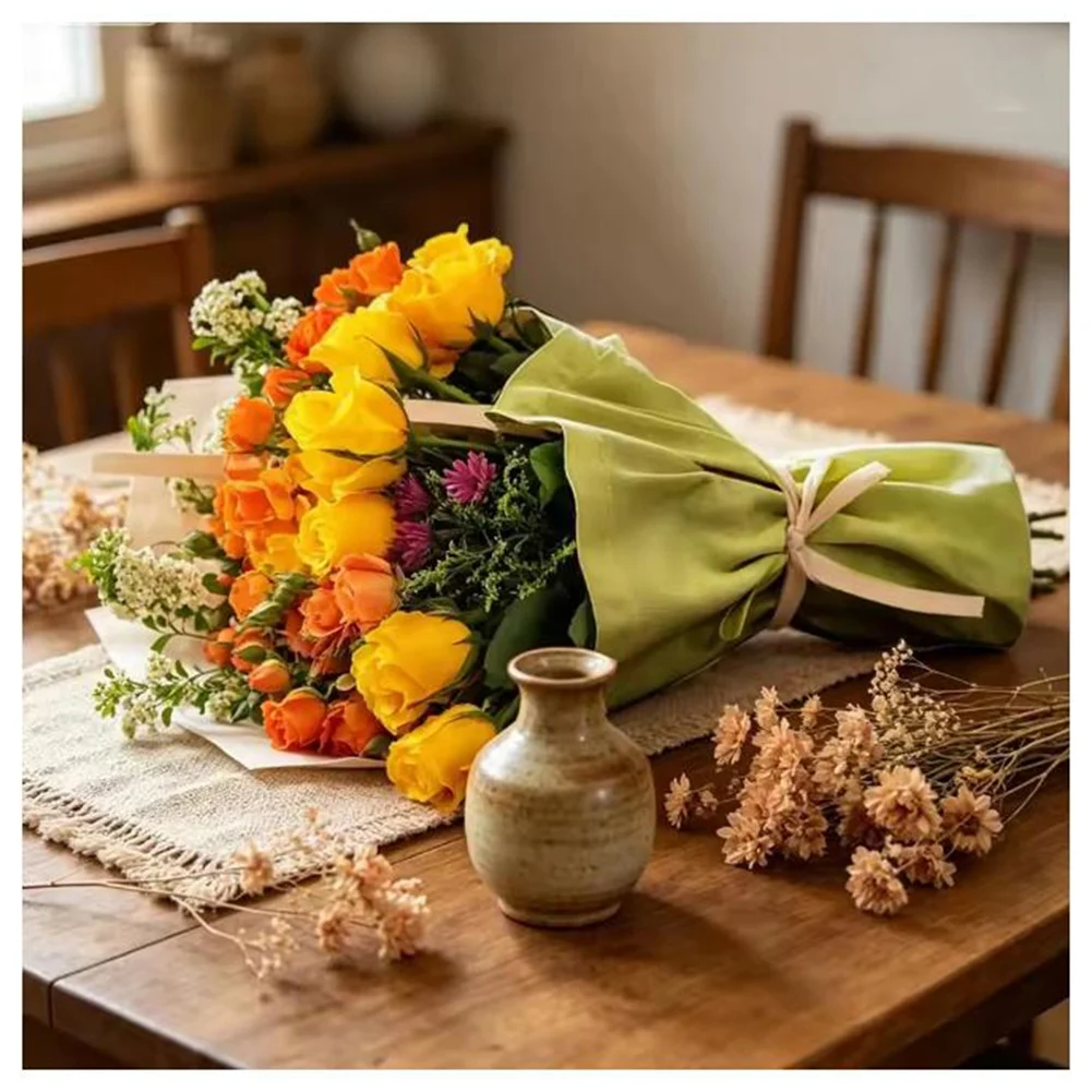 Canvas Flower Tote Bag with Tie Closure, Eco-Friendly Florist Bouquet Carrier for Wedding, Gift Packaging