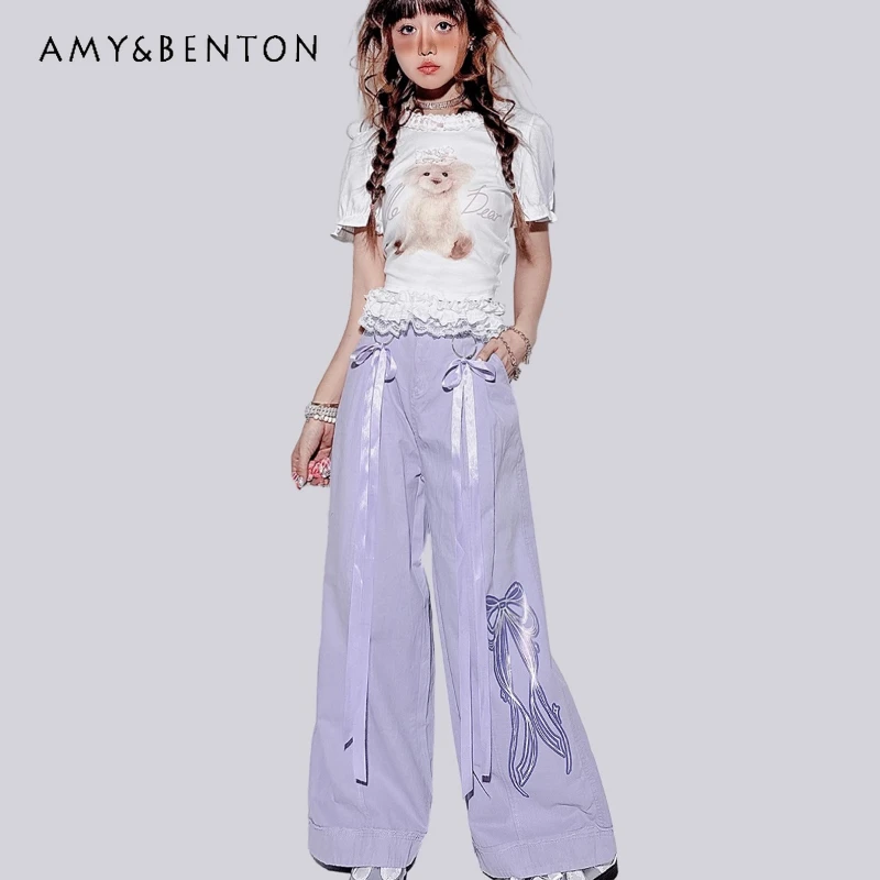 

Original Sweet Cool Street Straight Loose Design Women's Wide-leg Pants Summer Casual Versatile Thin Lace Bow Overalls Ladies