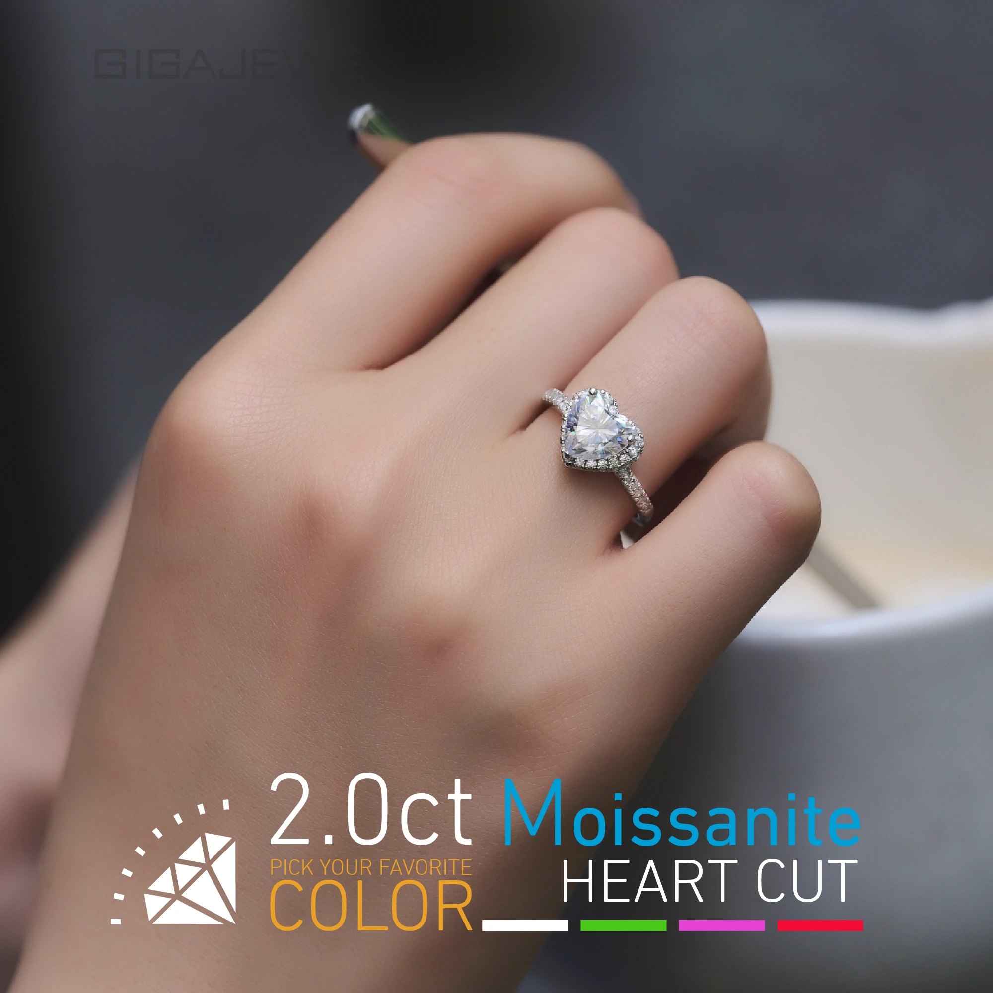 GIGAJEWE Moissanite  2.0ct 8.0mm Pink Color VVS1 Heart Cut 925 Silver Ring Diamond Test Passed Fashion Woman Girlfriend Gift