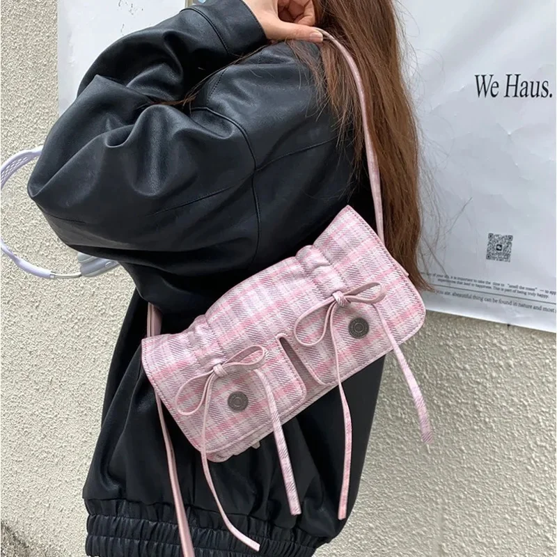 

Plaid Pink Womens Shoulder Bag Bow Ruched Armpit Bag Pleated Casual Sweet Cute Leather Handbag Exquisite Ballet Bow Underarm Bag